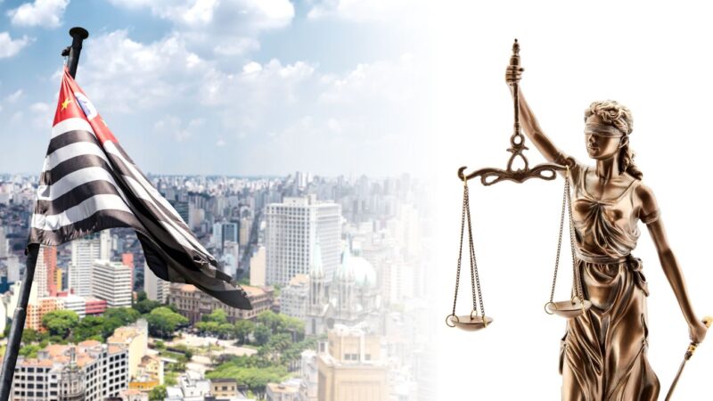 Consultar processos Tribunal São Paulo por CPF - Bandeira de São Paulo com cidade de fundo e outra metade com a mulher justiça segurando balança