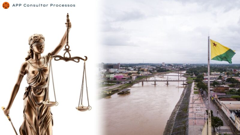 Consultar processo no tribunal do Acre. Imagem da cidade de Rio Branco com o rio de mesmo nome e bandeira do estado. Do outro lado da imagem com fundo branco, tem uma estatua da justiça segurando uma balança.