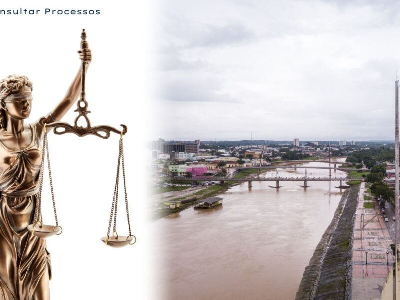 Consultar processo no tribunal do Acre. Imagem da cidade de Rio Branco com o rio de mesmo nome e bandeira do estado. Do outro lado da imagem com fundo branco, tem uma estatua da justiça segurando uma balança.