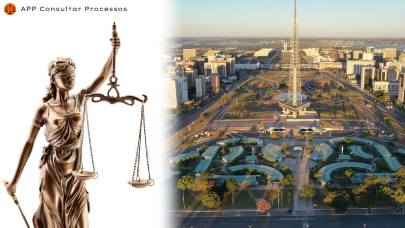 Consultar processo no tribunal do Distrito Federal. Imagem da cidade de Brasilia. Do outro lado da imagem com fundo branco, tem uma estátua da justiça segurando uma balança.