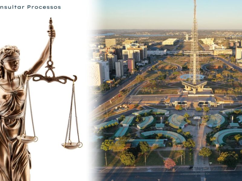 Consultar processo no tribunal do Distrito Federal. Imagem da cidade de Brasilia. Do outro lado da imagem com fundo branco, tem uma estátua da justiça segurando uma balança.