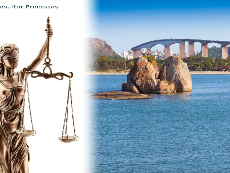Consultar processo no tribunal do Espirito Santo. Imagem da cidade de Vitória. Do outro lado da imagem com fundo branco, tem uma estátua da justiça segurando uma balança.
