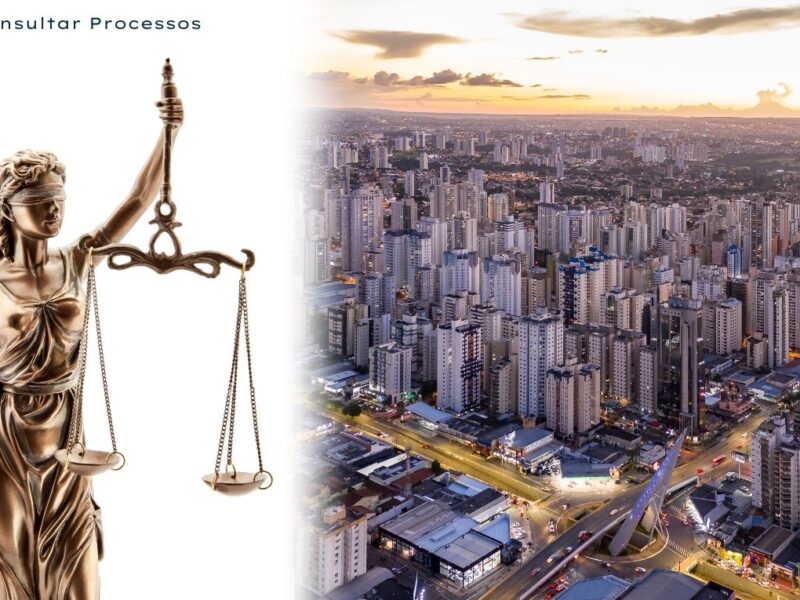 Consultar processo no tribunal de Goiás. Imagem da cidade de Goiana. Do outro lado da imagem com fundo branco, tem uma estátua da justiça segurando uma balança.