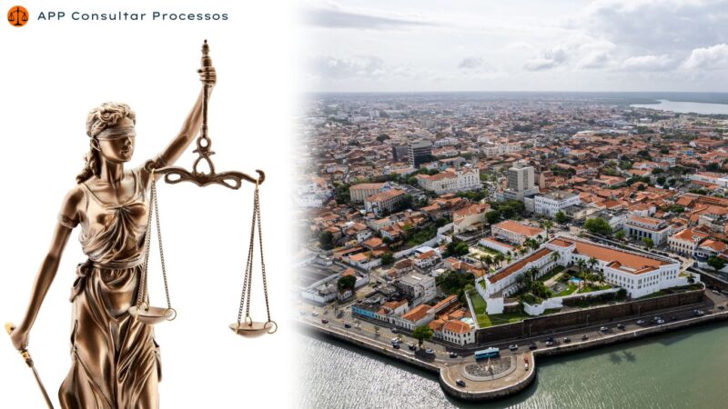 Consultar processo no Tribunal de Justiça do Maranhão - Foto da cidade de São Luis do Maranhão e do outro lado da foto com fundo branco estatua da justiça segurando a balança