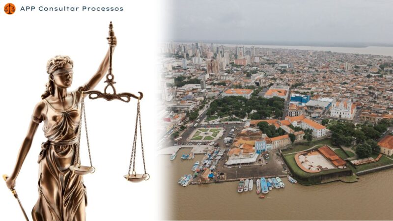 Consulta Processo tribunal do Pará - vista área da cidade de Belém e na outra metade, estatua da justiça segurando a balança