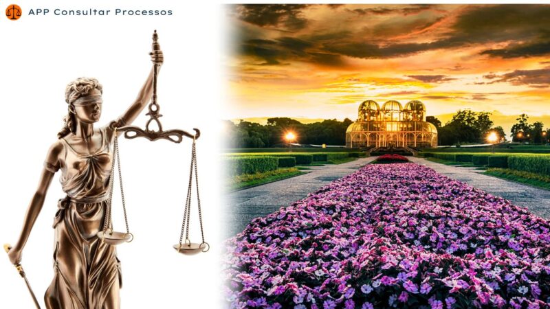 Consulta Processo Tribunal de Justiça do Paraná - Imagem com a estatua da justiça de um lado e a cidade de Curitiba do outro