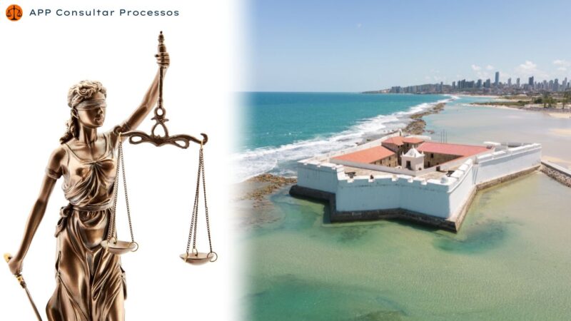 Consultar processo no Tribunal de Justiça do Rio Grande do Norte - Foto da cidade de Natal e do outro lado da foto com fundo branco estatua da justiça segurando a balança