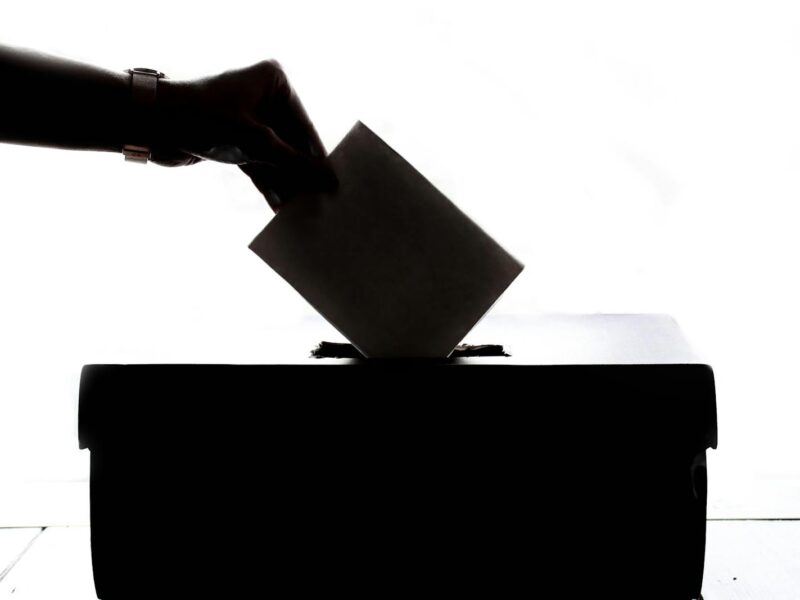 Silhouette of a hand placing a vote into a ballot box, symbolizing democracy.